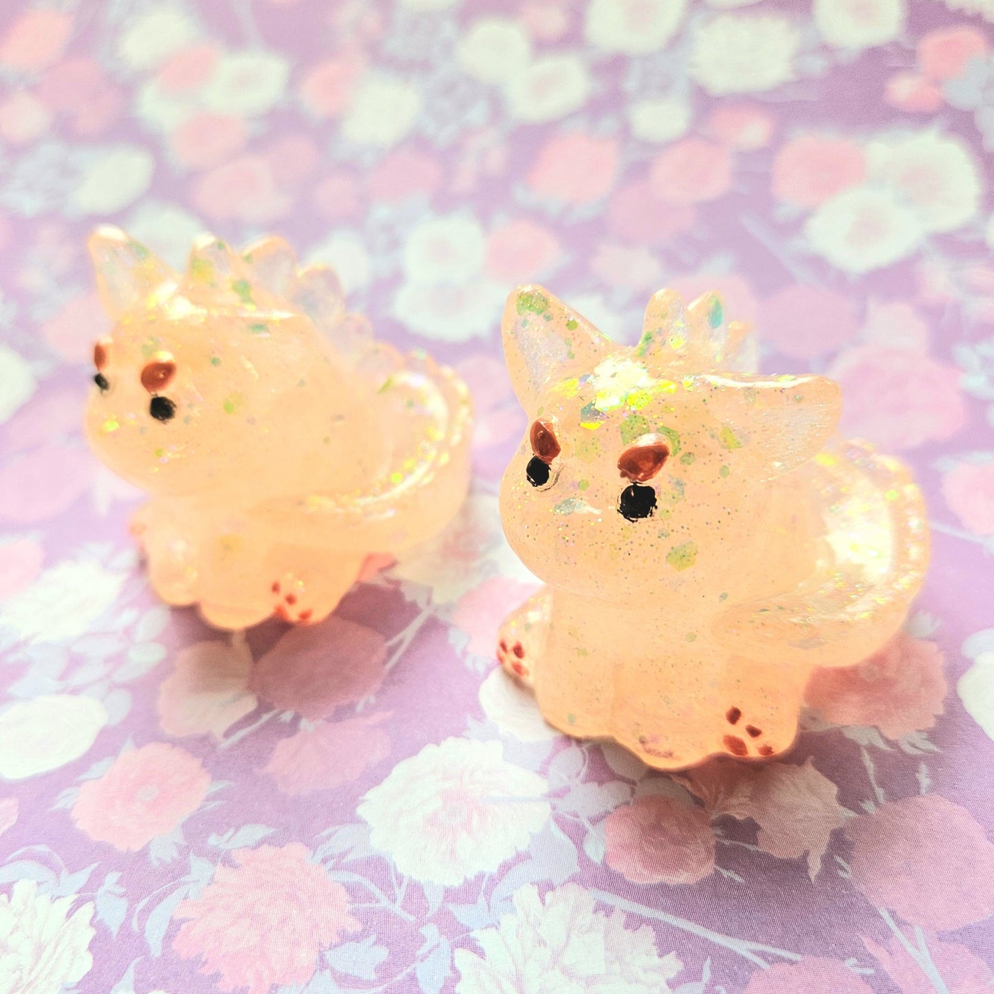 Peach Glitter Clear Dinocat Mini Figure. Handmade.