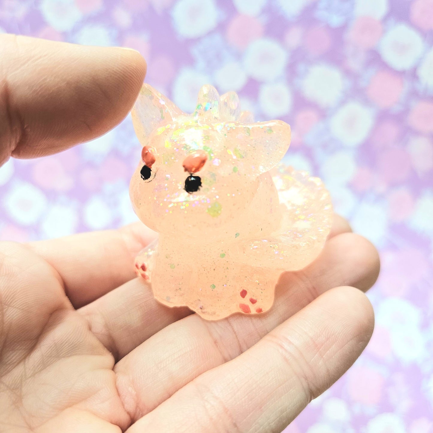 Peach Glitter Clear Dinocat Mini Figure. Handmade.