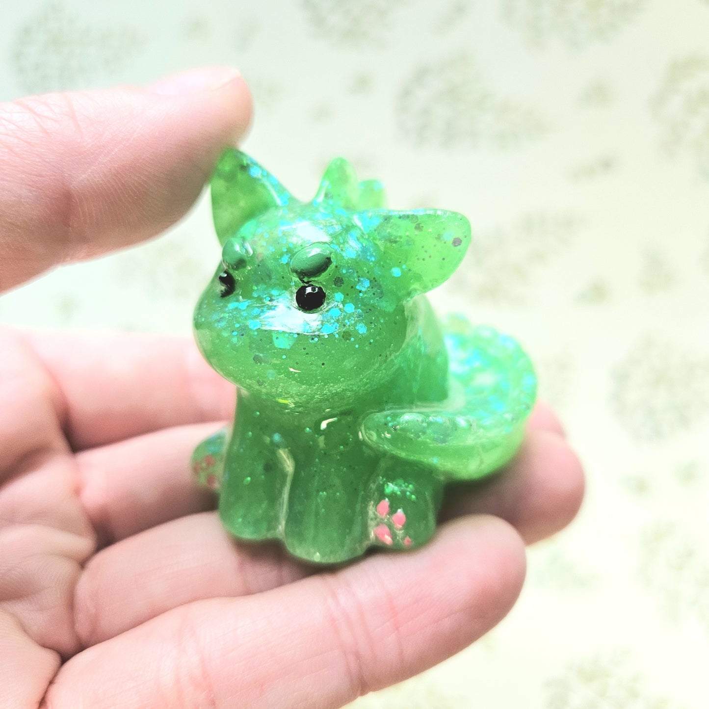 Glow Green Glitter Dinocat Mini Figure. Handmade. Glows in The Dark.