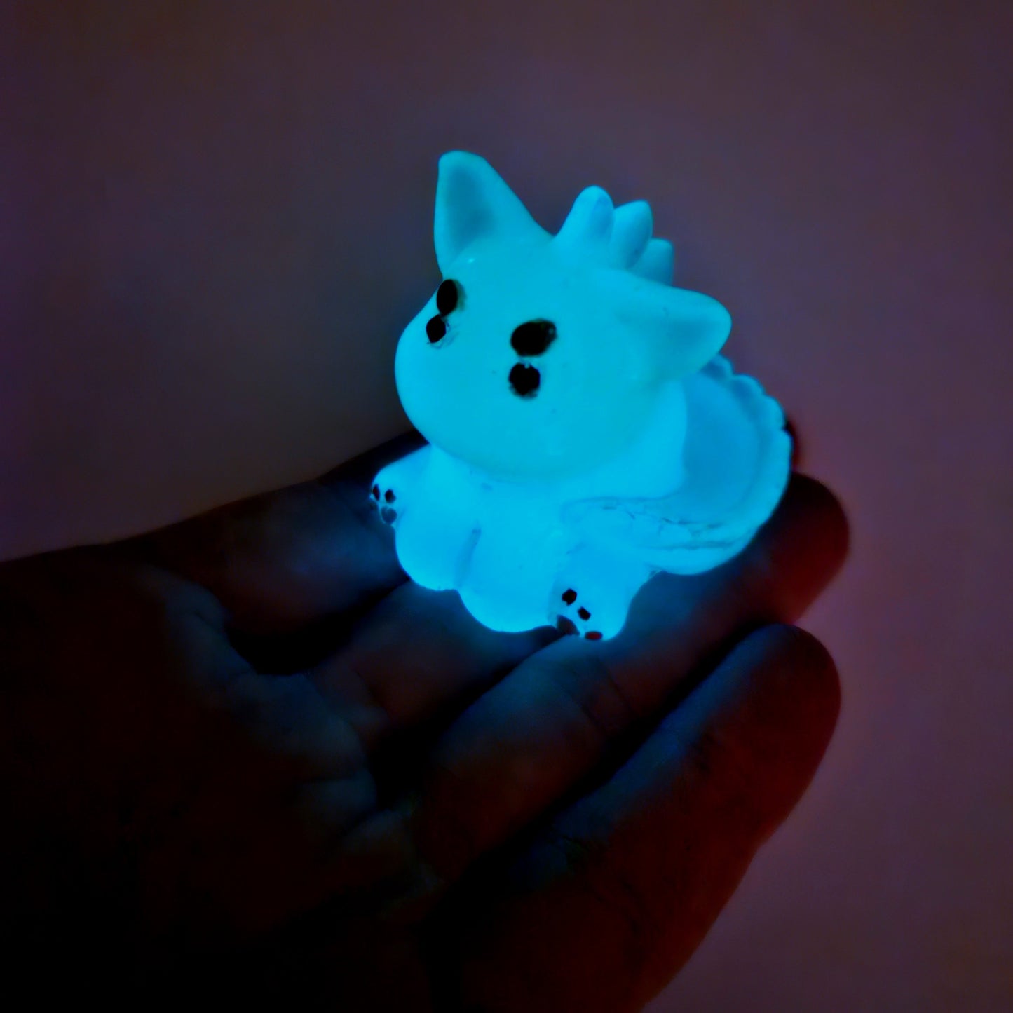 Glow Blue/Green Translucent Dinocat Mini Figure. Handmade. Glows in The Dark.