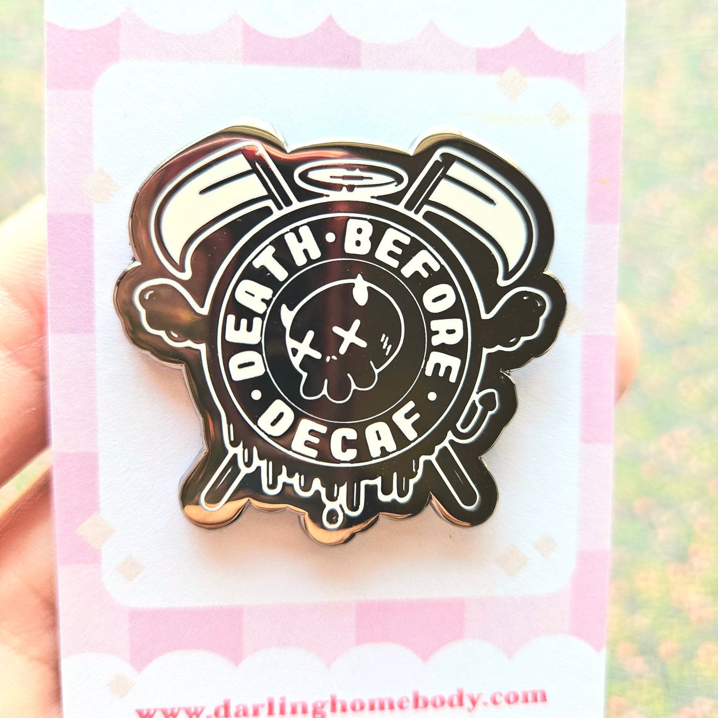 Death Before Decaf Enamel Pin. Coffee Lover Gift. Barista Life Lapel Pin. Skeleton Coffee Addict Hat Pin. Caffeine or Die Accessory.