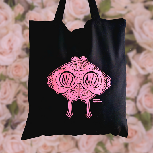 Moth Black Cotton Canvas Tote. Pink No Means No Design.