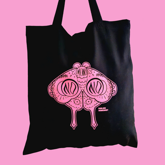 Moth Black Cotton Canvas Tote. Pink No Means No Design.